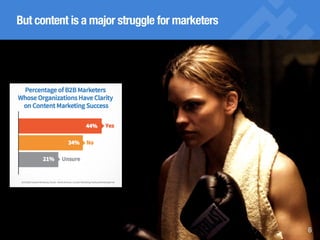 Boost inbound marketing success with content marketing, SEO and social media marketing 6
But content is a major struggle for marketers
This is rather surprising. It’s not like
there’s a shortage of content
marketing software available. It’s not
like content marketers don’t need
any help. But about half of us are
using our own, in-house systems.
Maybe it’s a patched-together Excel
sheet, or maybe a Google calendar
that serves as editorial calendar, idea
management, and a process chart.
 