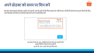 अपने प्रोडक्ट को समय पि शिप किें
एक बाि जब कस्टमि प्रोडक्ट आडडि कि देता है, तब वो उसे पाने के शलए ज़्यादा वेट नहीूंकिता। तो ऐसे में कस्टमि का टि स्ट शजतने के शलए ,
अपने प्रोडक्ट को शजतना जल्दी हो सकता है उतना जल्दी शिप किें
आप सेलि पैनल के अूंदि ऑडडसड टैब में यह चेक कि सकते हैं की
आपके शिशपूंग में शकतने शदन बाकी हैं
24 घूंटे के अूंदि आडडि को एकनॉलेज किें
 