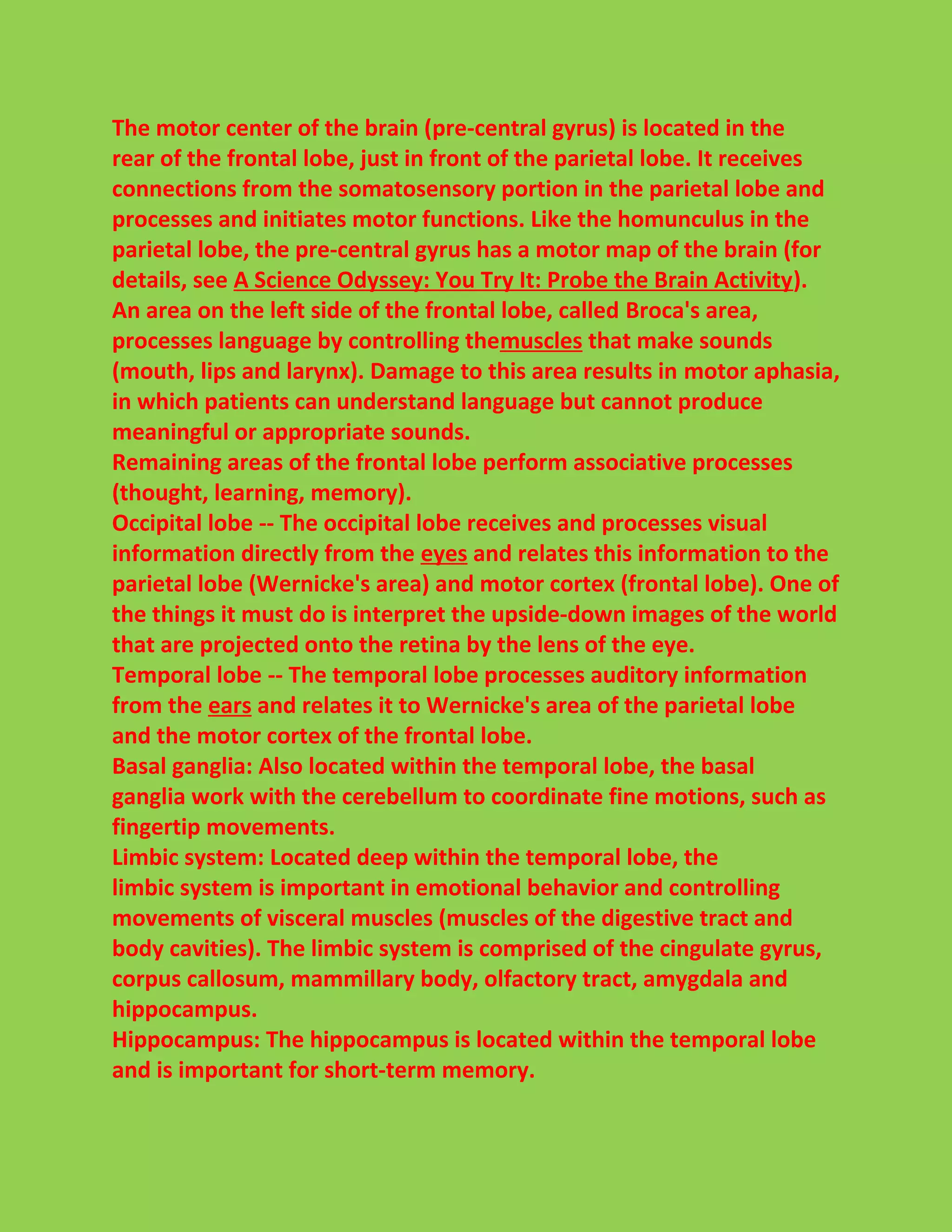 The motor center of the brain (pre-central gyrus) is located in the 
rear of the frontal lobe, just in front of the parietal lobe. It receives 
connections from the somatosensory portion in the parietal lobe and 
processes and initiates motor functions. Like the homunculus in the 
parietal lobe, the pre-central gyrus has a motor map of the brain (for 
details, see A Science Odyssey: You Try It: Probe the Brain Activity). 
An area on the left side of the frontal lobe, called Broca's area, 
processes language by controlling themuscles that make sounds 
(mouth, lips and larynx). Damage to this area results in motor aphasia, 
in which patients can understand language but cannot produce 
meaningful or appropriate sounds. 
Remaining areas of the frontal lobe perform associative processes 
(thought, learning, memory). 
Occipital lobe -- The occipital lobe receives and processes visual 
information directly from the eyes and relates this information to the 
parietal lobe (Wernicke's area) and motor cortex (frontal lobe). One of 
the things it must do is interpret the upside-down images of the world 
that are projected onto the retina by the lens of the eye. 
Temporal lobe -- The temporal lobe processes auditory information 
from the ears and relates it to Wernicke's area of the parietal lobe 
and the motor cortex of the frontal lobe. 
Basal ganglia: Also located within the temporal lobe, the basal 
ganglia work with the cerebellum to coordinate fine motions, such as 
fingertip movements. 
Limbic system: Located deep within the temporal lobe, the 
limbic system is important in emotional behavior and controlling 
movements of visceral muscles (muscles of the digestive tract and 
body cavities). The limbic system is comprised of the cingulate gyrus, 
corpus callosum, mammillary body, olfactory tract, amygdala and 
hippocampus. 
Hippocampus: The hippocampus is located within the temporal lobe 
and is important for short-term memory. 
 