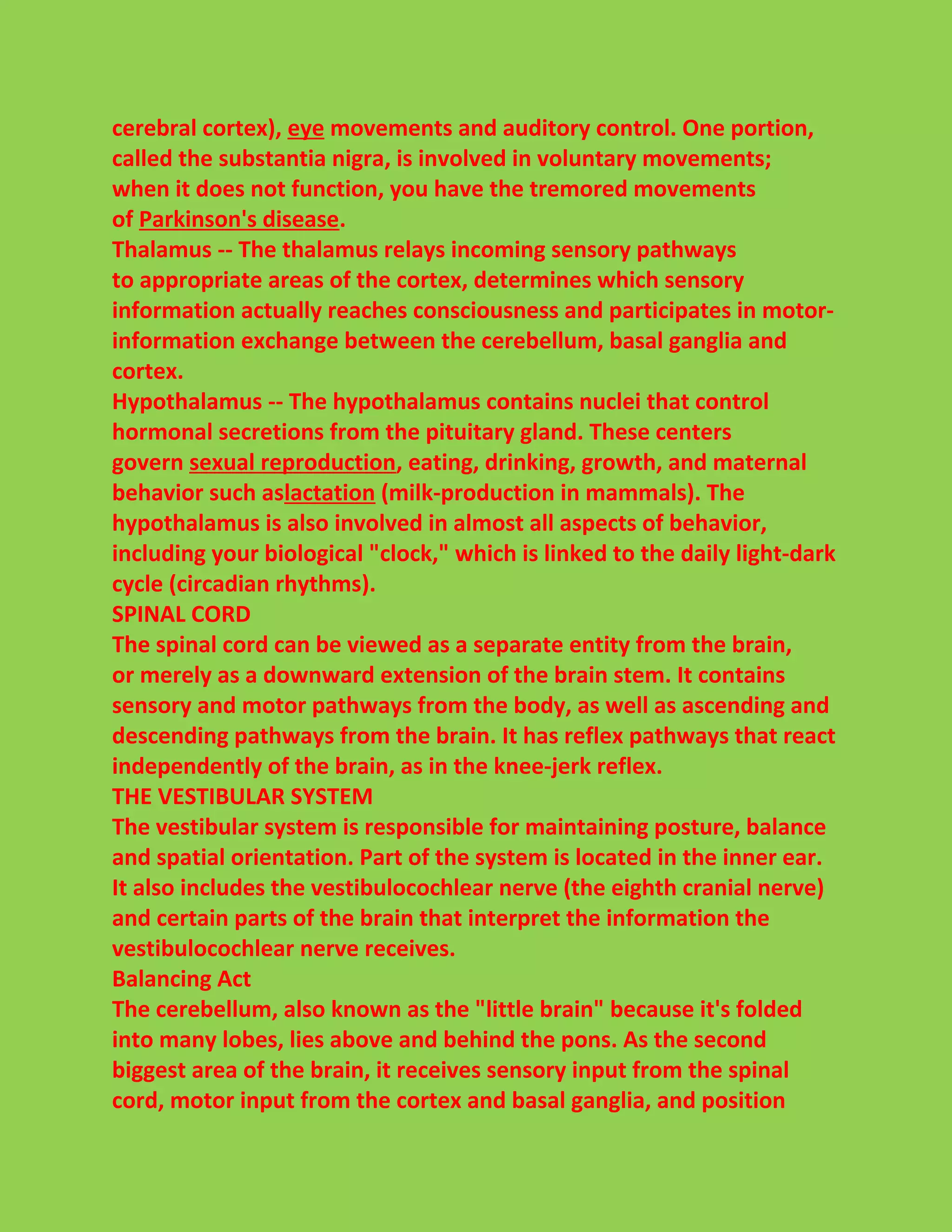 cerebral cortex), eye movements and auditory control. One portion, 
called the substantia nigra, is involved in voluntary movements; 
when it does not function, you have the tremored movements 
of Parkinson's disease. 
Thalamus -- The thalamus relays incoming sensory pathways 
to appropriate areas of the cortex, determines which sensory 
information actually reaches consciousness and participates in motor-information 
exchange between the cerebellum, basal ganglia and 
cortex. 
Hypothalamus -- The hypothalamus contains nuclei that control 
hormonal secretions from the pituitary gland. These centers 
govern sexual reproduction, eating, drinking, growth, and maternal 
behavior such aslactation (milk-production in mammals). The 
hypothalamus is also involved in almost all aspects of behavior, 
including your biological "clock," which is linked to the daily light-dark 
cycle (circadian rhythms). 
SPINAL CORD 
The spinal cord can be viewed as a separate entity from the brain, 
or merely as a downward extension of the brain stem. It contains 
sensory and motor pathways from the body, as well as ascending and 
descending pathways from the brain. It has reflex pathways that react 
independently of the brain, as in the knee-jerk reflex. 
THE VESTIBULAR SYSTEM 
The vestibular system is responsible for maintaining posture, balance 
and spatial orientation. Part of the system is located in the inner ear. 
It also includes the vestibulocochlear nerve (the eighth cranial nerve) 
and certain parts of the brain that interpret the information the 
vestibulocochlear nerve receives. 
Balancing Act 
The cerebellum, also known as the "little brain" because it's folded 
into many lobes, lies above and behind the pons. As the second 
biggest area of the brain, it receives sensory input from the spinal 
cord, motor input from the cortex and basal ganglia, and position 
 