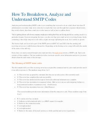 How To Breakdown, Analyze and
Understand SMTP Codes
Analyzing and understanding SMTP codes is not something that we need to do on a daily basis but when IT
administrators encounter smtp error codes due to emails that were sent through their corporate infrastructure,
they need to know what these email error codes mean as well as how to address them.
You’re getting phone calls from company employees stating that they are having problems sending emails to a
particular domain. Upon investigating the issue, you discover that your email server is receiving bounce backs
containing a three digit smtp error code with a cryptic message explaining the issue, be it custom or generic.
The bounce back you received is part of the SMTP protocol (RFC 821 and 2821) that the sending and
receiving servers use to talk between themselves. Depending on the hosting server, setup will notify the sender
of the status of the delivery.
Every time you send an email through your email provider, the mail server returns a SMTP code. Each code
consists of three numbers. The last number provides even more specific error information and gives you more
details about the mail status of the message.
The Meaning of SMTP status codes
The first number tells you if the receiving server has accepted the command sent by your email provider and if
it was able to process it. The numbers range from 1 to 5.
 1: The server has accepted the command, but does not yet take action. (Not currently used)
 2: The server has completed the task successfully.
 3: The server has understood the request, but needs additional information to complete.
 4: The server has encountered a temporary failure. Mail servers can use such temporary failures to
keep untrusted senders or spammers away. (Soft bounce)
 5: The server has encountered an error. (Hard Bounce)
The second number provides more information about the smtp error code. Those numbers range from
0 to 5.
 0: A syntax error has occurred.
 1: Indicates an informational reply, to a HELP request for example.
 2: Refers to the connection status.
 3 not implemented
 4 not implemented
 5: Refers to the status of the mail system as a whole and the mail server in particular.
 