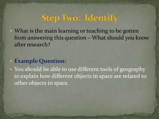  What is the main learning or teaching to be gotten 
from answering this question – What should you know 
after research? 
 Example Question: 
 You should be able to use different tools of geography 
to explain how different objects in space are related to 
other objects in space. 
 