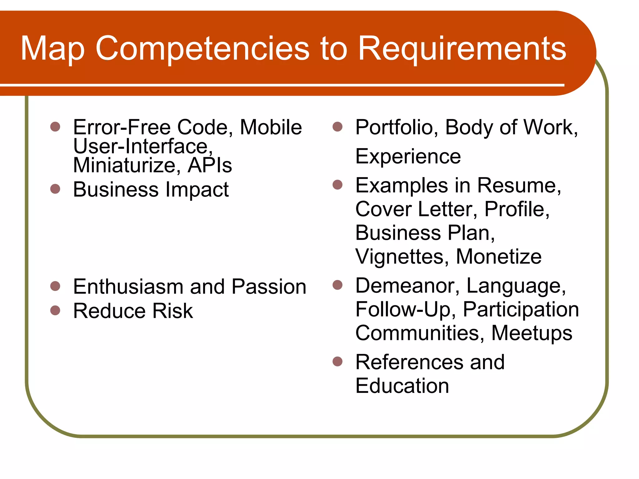 Map Competencies to Requirements Error-Free Code, Mobile User-Interface, Miniaturize, APIs Business Impact Enthusiasm and Passion Reduce Risk Portfolio, Body of Work, Experience Examples in Resume, Cover Letter, Profile, Business Plan, Vignettes, Monetize  Demeanor, Language, Follow-Up, Participation Communities, Meetups References and Education 