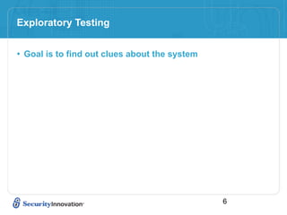 Exploratory Testing


• Goal is to find out clues about the system




                                               6
 