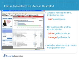 Failure to Restrict URL Access Illustrated

                                  • Attacker notices the URL
                                    indicates his role
                                    /user/getAccounts


                                  • He modifies it to another
                                    directory (role)
                                    /admin/getAccounts, or
                                    /manager/getAccounts


                                  • Attacker views more accounts
                                    than just their own
 