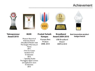 Kompas Best
Product
2008, 2010
USB Broadband
Award
2009 & 2010
Museum Record of
Indonesia Award:
- Broadband Modem with
The longest Warranty (3
Years)
2011
- First Ice Cream
Sandwich O.S
In Indonesia
2012
- SpeedUp Studio
The biggest digital content
and application store
In Indonesia
2013
Achievement
 