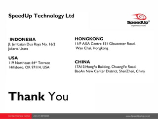 SpeedUp Technology Ltd
INDONESIA
Jl. Jembatan Dua Raya No. 16/2
Jakarta Utara
USA
119 Northeast 64th
Terrace
Hillsboro, OR 97114, USA

HONGKONG
11/F AXA Centre 151 Gloucester Road,
Wan Chai, Hongkong


CHINA
17A13,HongFa Building, ChuangYe Road,
BaoAn New Center District, ShenZhen, China
Thank You
 