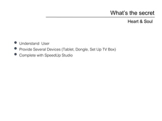What’s the secret
Understand User
Provide Several Devices (Tablet, Dongle, Set Up TV Box)
Complete with SpeedUp Studio
Heart & Soul
 