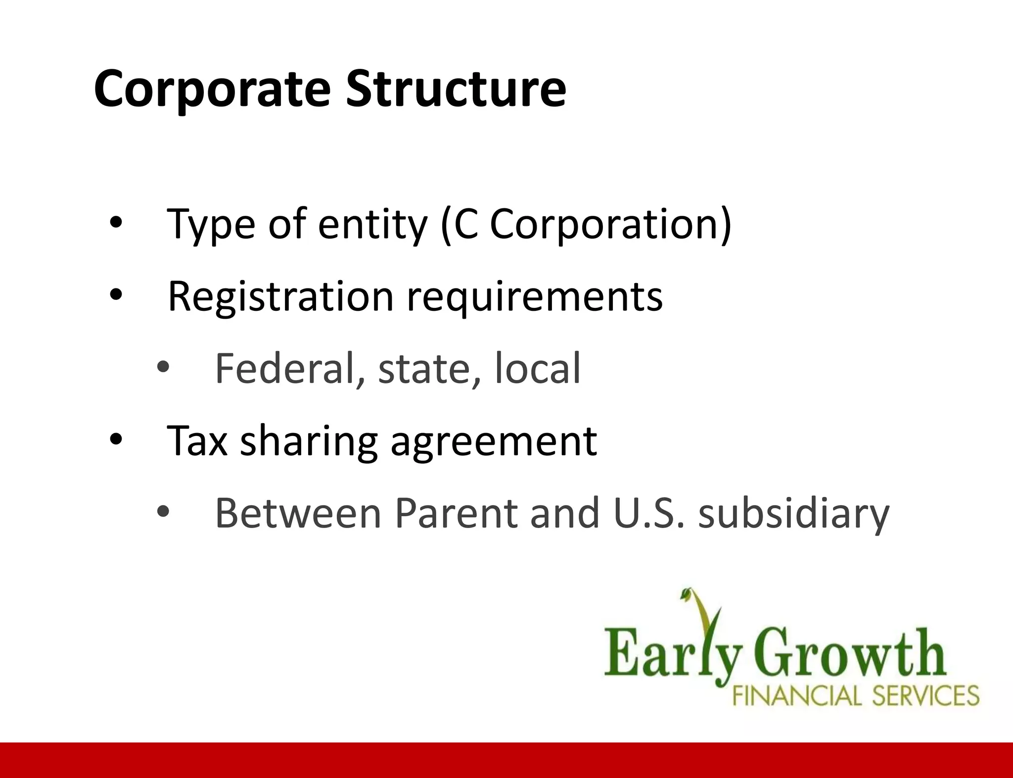 • Type of entity (C Corporation)
• Registration requirements
• Federal, state, local
• Tax sharing agreement
• Between Parent and U.S. subsidiary
Corporate Structure
 
