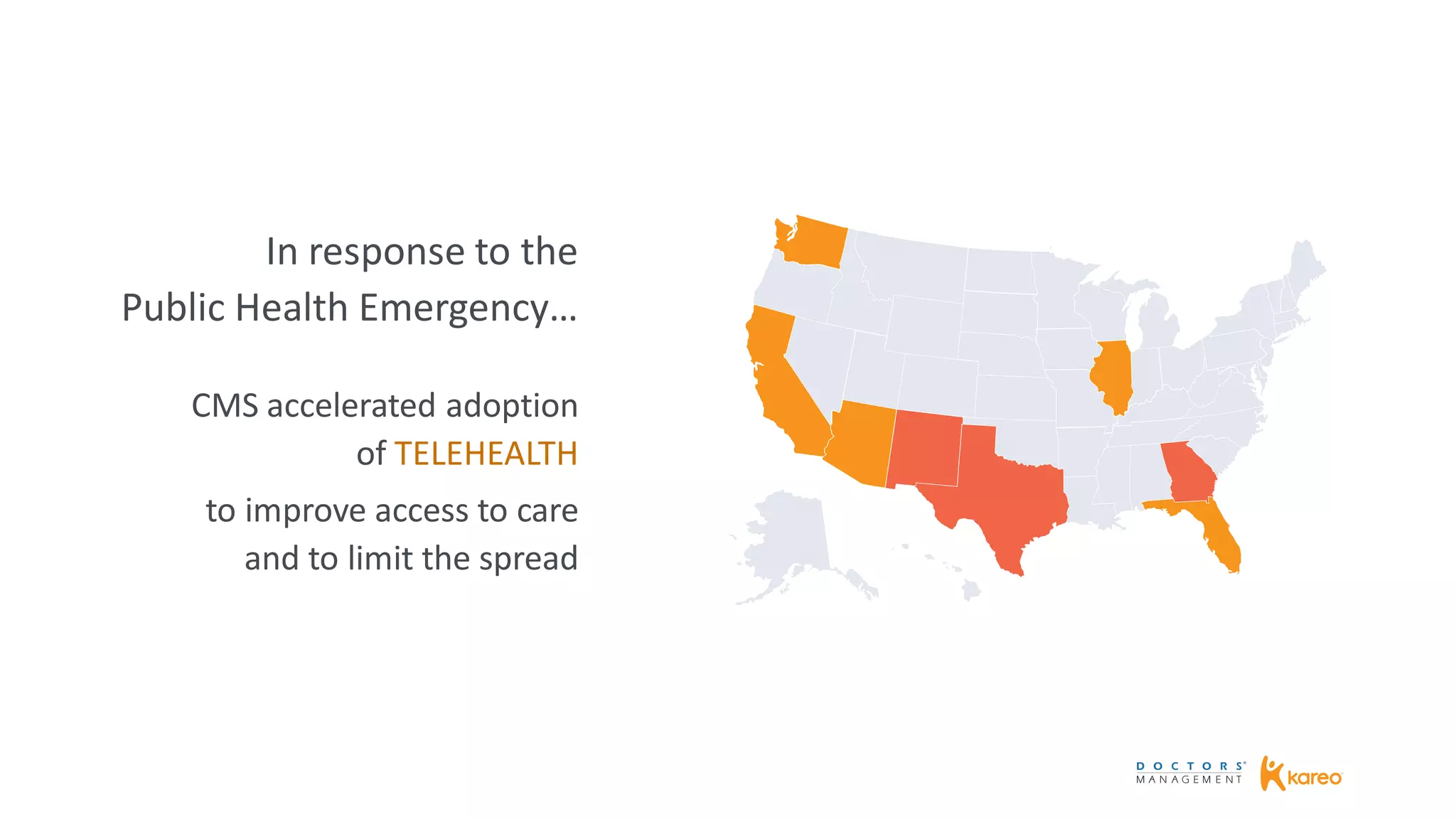 In response to the
Public Health Emergency…
CMS accelerated adoption
of TELEHEALTH
to improve access to care
and to limit the spread
 