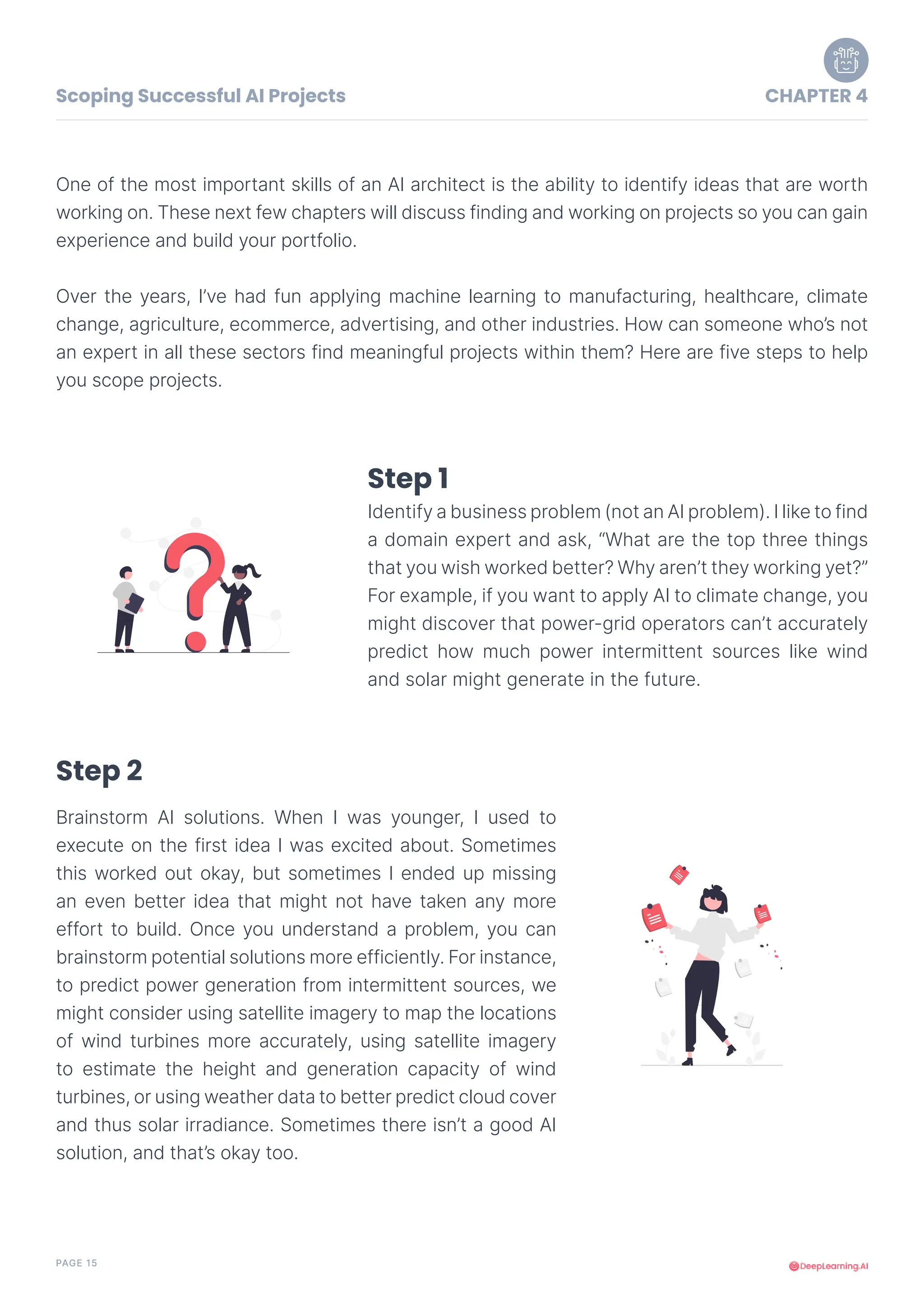 PAGE 15
One of the most important skills of an AI architect is the ability to identify ideas that are worth
working on. These next few chapters will discuss finding and working on projects so you can gain
experience and build your portfolio.
Over the years, I’ve had fun applying machine learning to manufacturing, healthcare, climate
change, agriculture, ecommerce, advertising, and other industries. How can someone who’s not
an expert in all these sectors find meaningful projects within them? Here are five steps to help
you scope projects.
Identify a business problem (not an AI problem). I like to find
a domain expert and ask, “What are the top three things
that you wish worked better? Why aren’t they working yet?”
For example, if you want to apply AI to climate change, you
might discover that power-grid operators can’t accurately
predict how much power intermittent sources like wind
and solar might generate in the future.
Brainstorm AI solutions. When I was younger, I used to
execute on the first idea I was excited about. Sometimes
this worked out okay, but sometimes I ended up missing
an even better idea that might not have taken any more
effort to build. Once you understand a problem, you can
brainstorm potential solutions more efficiently. For instance,
to predict power generation from intermittent sources, we
might consider using satellite imagery to map the locations
of wind turbines more accurately, using satellite imagery
to estimate the height and generation capacity of wind
turbines, or using weather data to better predict cloud cover
and thus solar irradiance. Sometimes there isn’t a good AI
solution, and that’s okay too.
Scoping Successful AI Projects CHAPTER 4
Step 1
Step 2
 