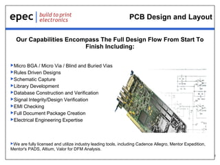 PCB Design and Layout
Our Capabilities Encompass The Full Design Flow From Start To
Finish Including:
Micro

BGA / Micro Via / Blind and Buried Vias
Rules Driven Designs
Schematic Capture
Library Development
Database Construction and Verification
Signal Integrity/Design Verification
EMI Checking
Full Document Package Creation
Electrical Engineering Expertise

We

are fully licensed and utilize industry leading tools, including Cadence Allegro, Mentor Expedition,
Mentor's PADS, Altium, Valor for DFM Analysis.
6

 