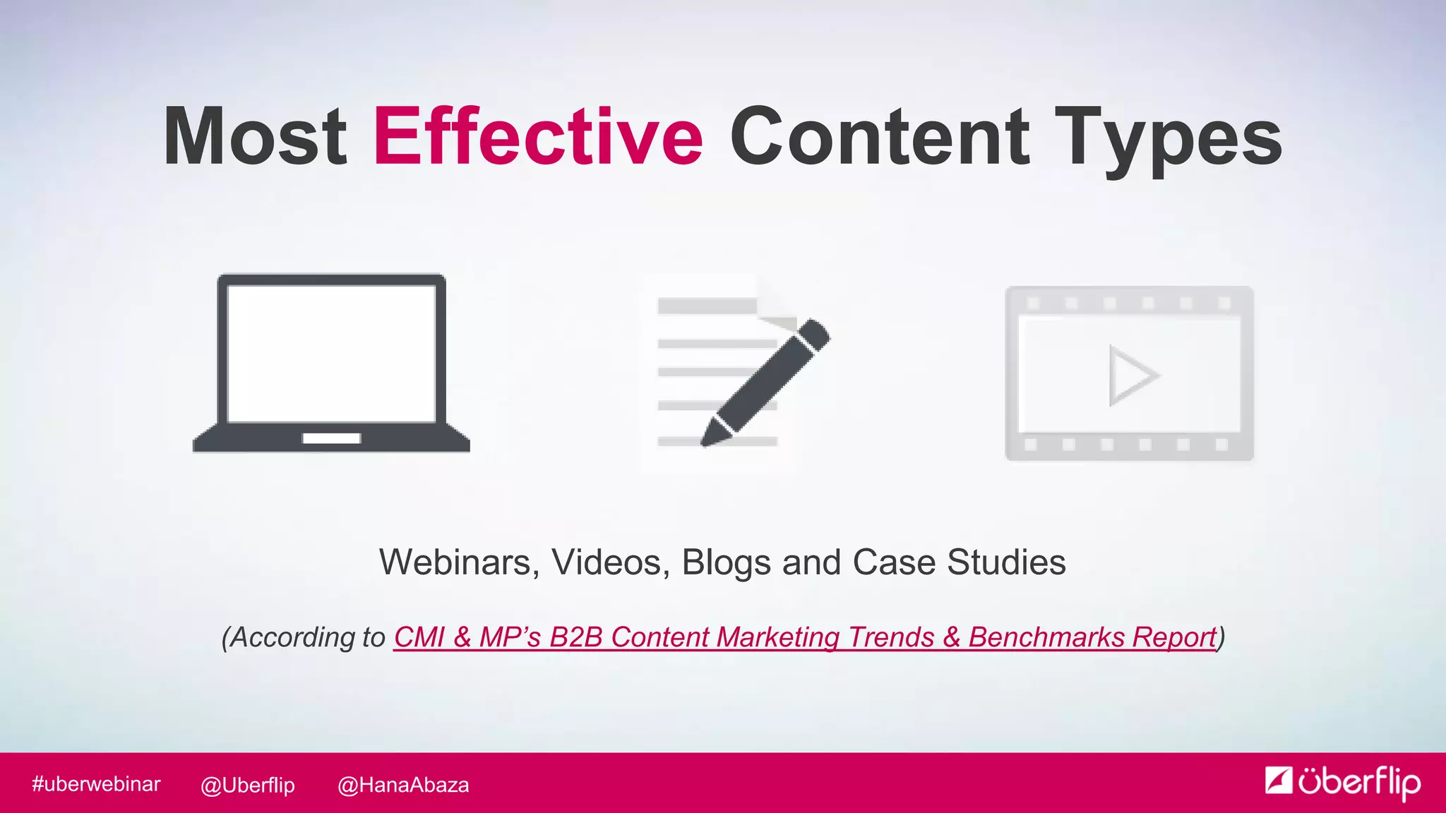 @HanaAbaza@Uberflip#uberwebinar
Webinars, Videos, Blogs and Case Studies
(According to CMI & MP’s B2B Content Marketing Trends & Benchmarks Report)
Most Effective Content Types
 
