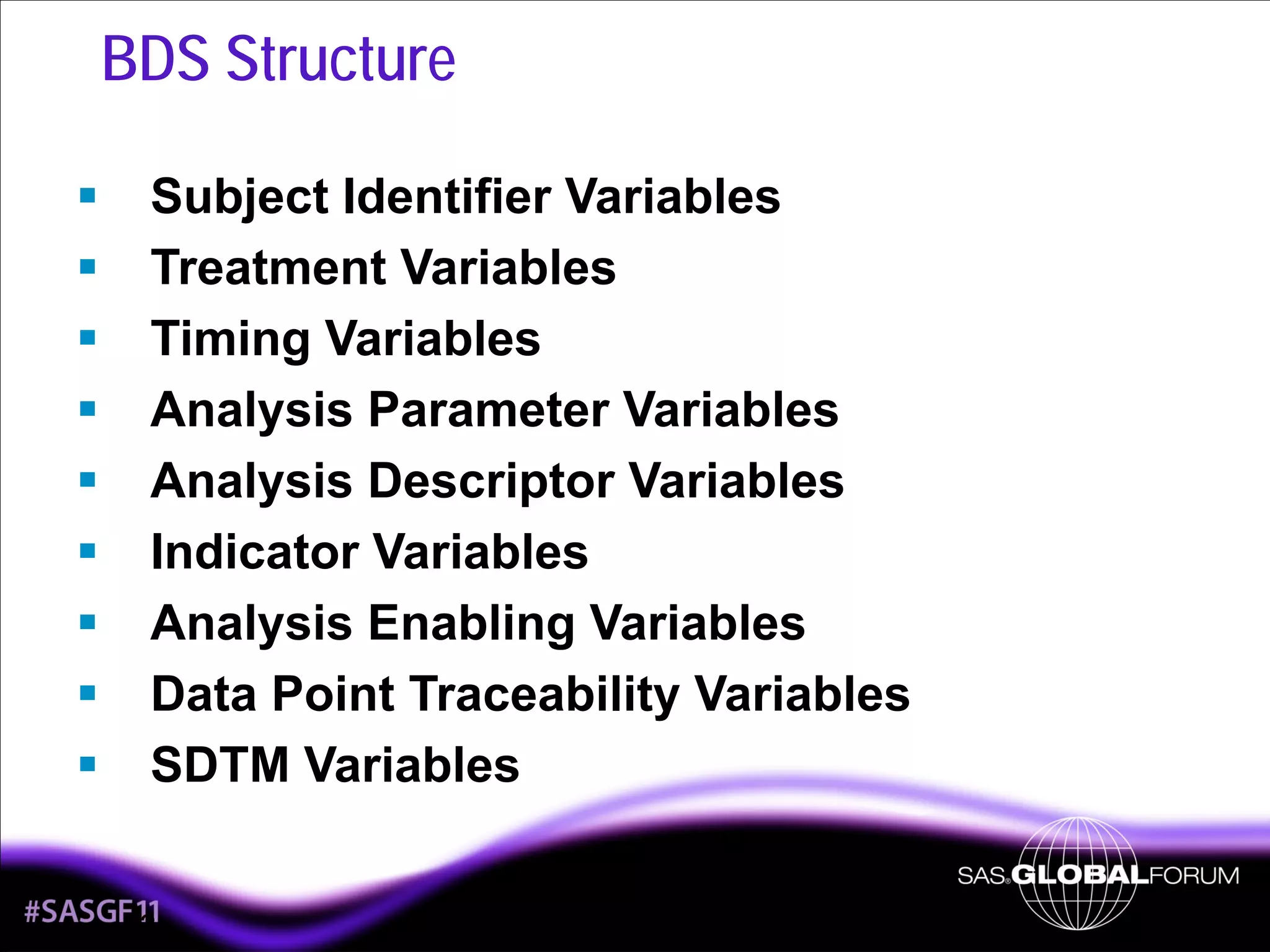 BDS Structure
Subject Identifier Variables
Treatment Variables
Timing Variables
Analysis Parameter Variables
Analysis Descriptor Variables
Indicator Variables
Analysis Enabling Variables
Data Point Traceability Variables
SDTM Variables
3

 
