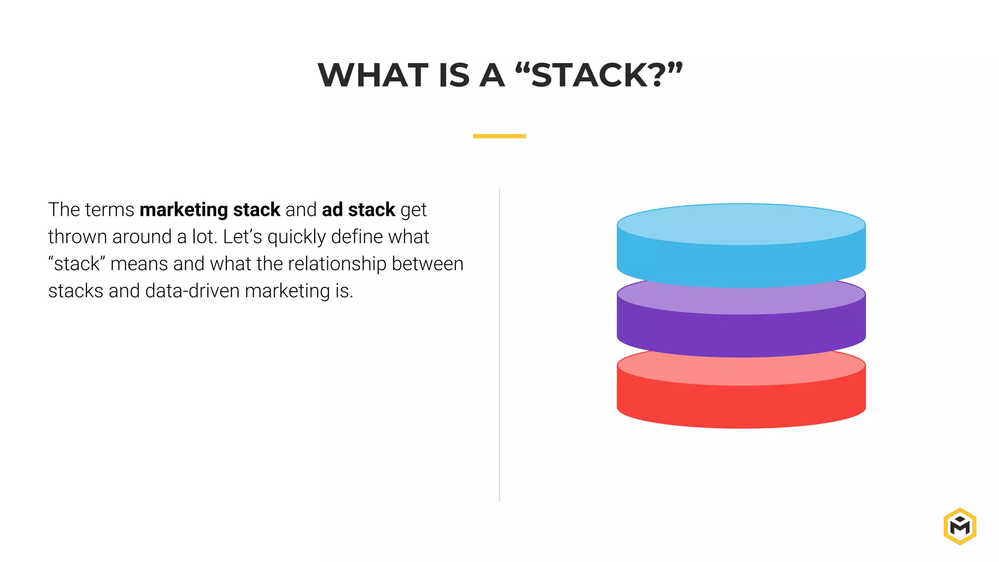 The terms marketing stack and ad stack get
thrown around a lot. Let’s quickly define what
“stack” means and what the relationship between
stacks and data-driven marketing is.
WHAT IS A “STACK?”
 