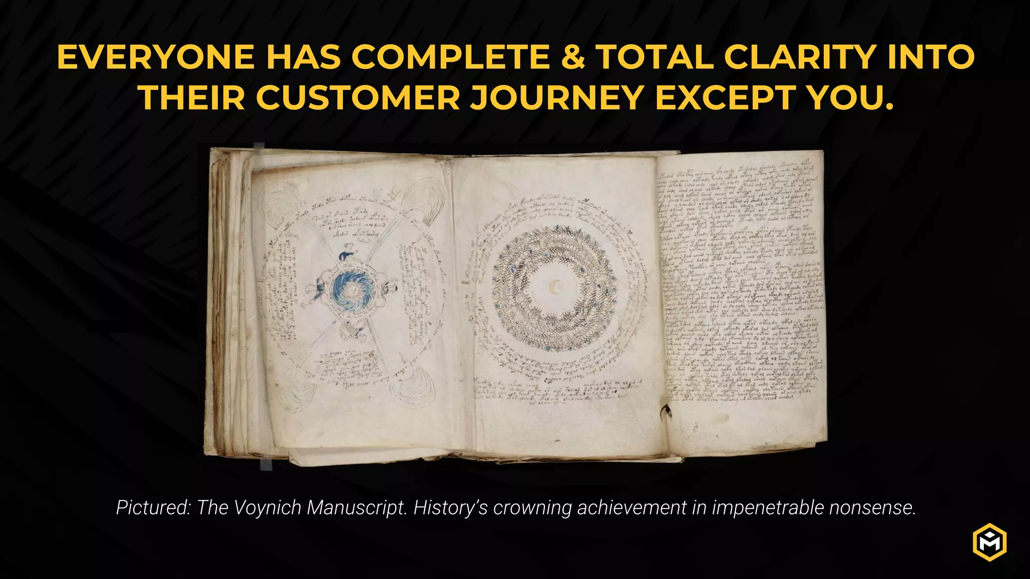 EVERYONE HAS COMPLETE & TOTAL CLARITY INTO
THEIR CUSTOMER JOURNEY EXCEPT YOU.
Pictured: The Voynich Manuscript. History’s crowning achievement in impenetrable nonsense.
 