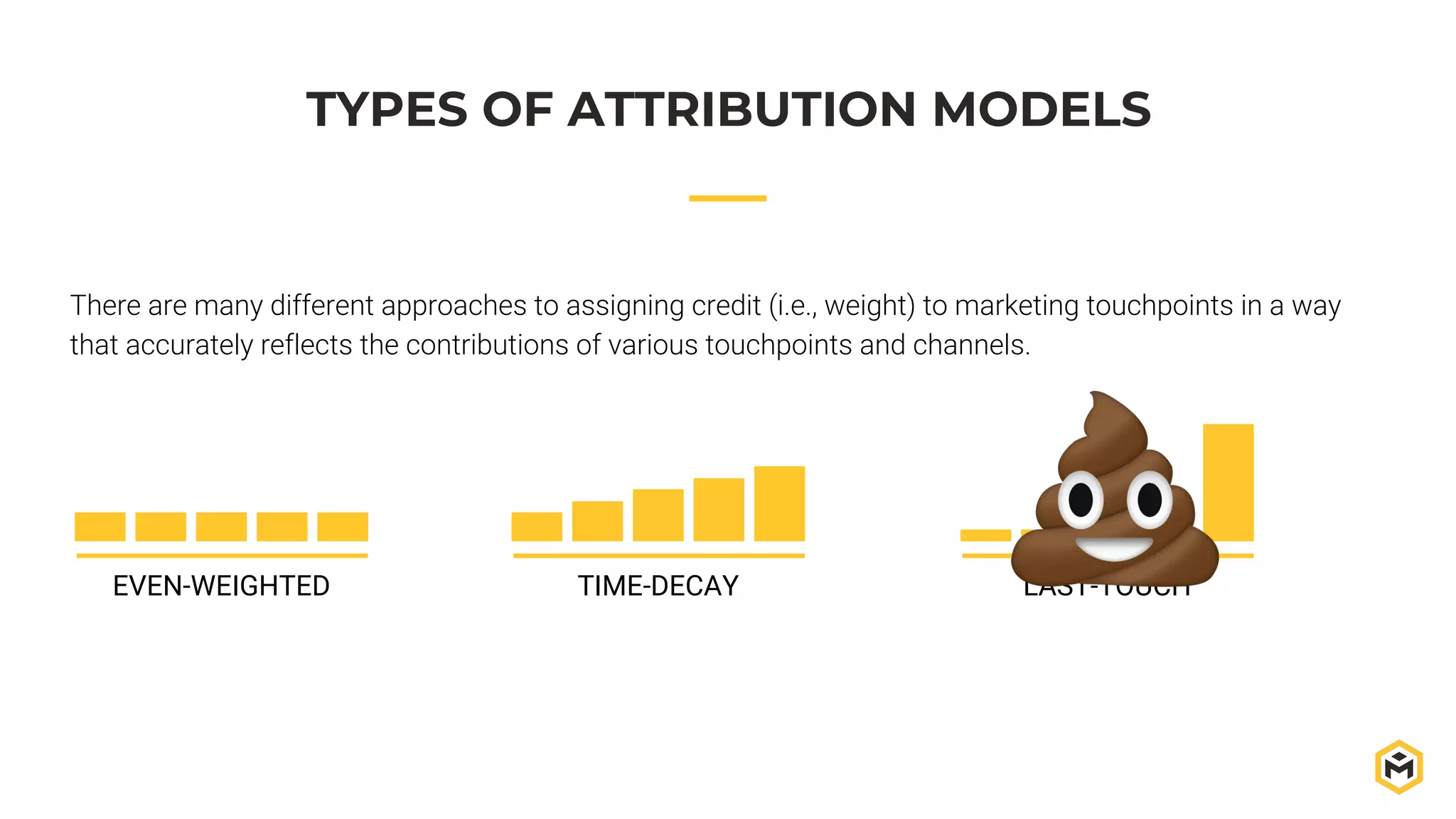 TYPES OF ATTRIBUTION MODELS
There are many different approaches to assigning credit (i.e., weight) to marketing touchpoints in a way
that accurately reflects the contributions of various touchpoints and channels.
EVEN-WEIGHTED TIME-DECAY LAST-TOUCH
 