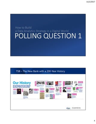 11/1/2017
4
POLLING QUESTION 1
How to Build
a Data Analytics Strategy in a Digital World
TSB – The New Bank with a 200-Year History
 