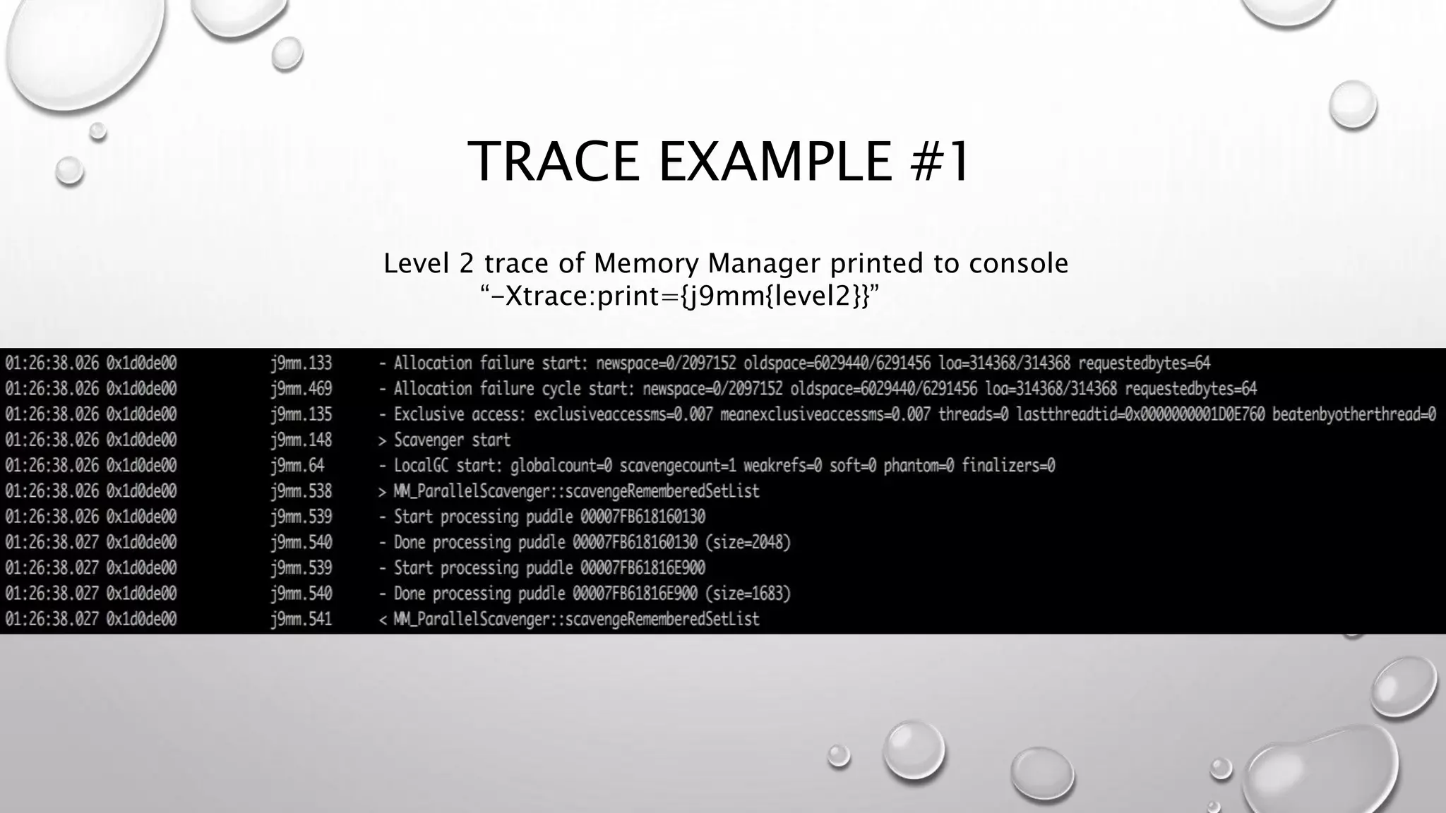TRACE EXAMPLE #1
Level 2 trace of Memory Manager printed to console
“-Xtrace:print={j9mm{level2}}”
 