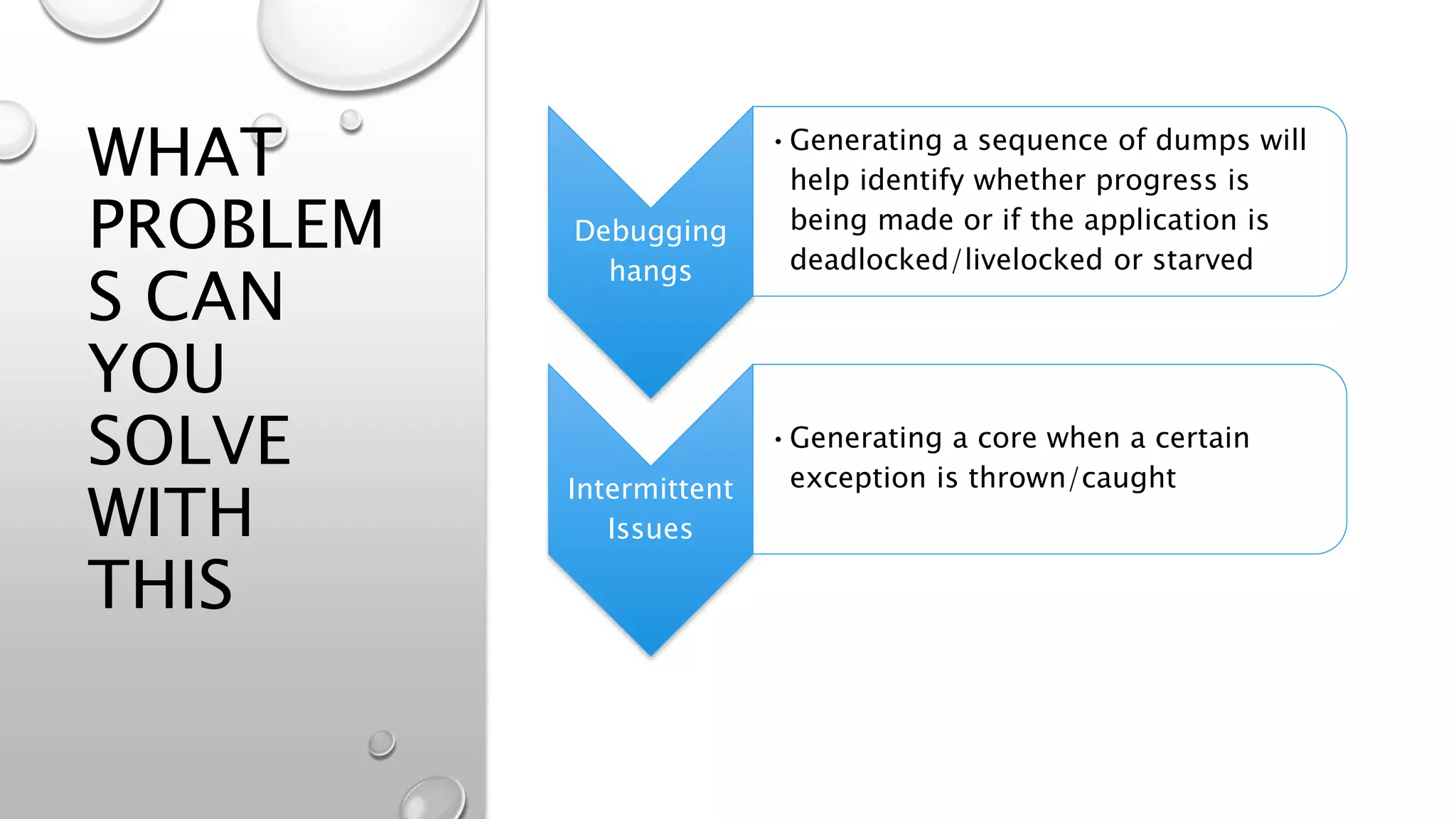 WHAT
PROBLEM
S CAN
YOU
SOLVE
WITH
THIS
Debugging
hangs
•Generating a sequence of dumps will
help identify whether progress is
being made or if the application is
deadlocked/livelocked or starved
Intermittent
Issues
•Generating a core when a certain
exception is thrown/caught
 