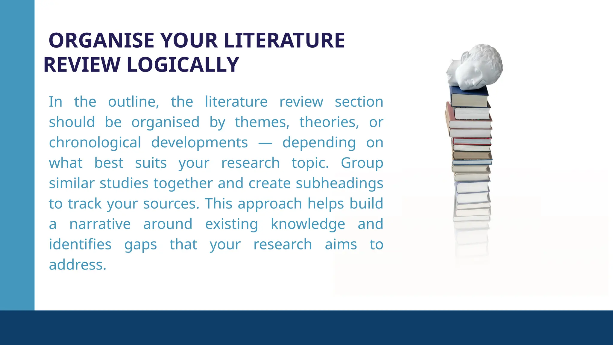 ORGANISE YOUR LITERATURE
REVIEW LOGICALLY
In the outline, the literature review section
should be organised by themes, theories, or
chronological developments — depending on
what best suits your research topic. Group
similar studies together and create subheadings
to track your sources. This approach helps build
a narrative around existing knowledge and
identifies gaps that your research aims to
address.
 
