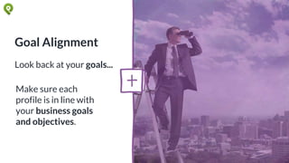 Goal Alignment
Look back at your goals...
Make sure each
profile is in line with
your business goals
and objectives.
 