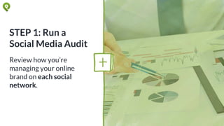 STEP 1: Run a
Social Media Audit
Review how you’re
managing your online
brand on each social
network.
 
