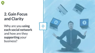2. Gain Focus
and Clarity
Why are you using
each social network
and how are they
supporting your
business?
 