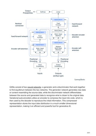 3/22
GANs consist of two neural networks: a generator and a discriminator that work together
to find equilibrium between the two networks. The generator network generates new data
or content resembling the source data, while the discriminator network differentiates
between the source and generated data to recognize what is closer to the original data.
Variational auto-encoders utilize an encoder to compress the input into code, which is
then used by the decoder to reproduce the initial information. This compressed
representation stores the input data distribution in a much smaller dimensional
representation, making it an efficient and powerful tool for generative AI.
 