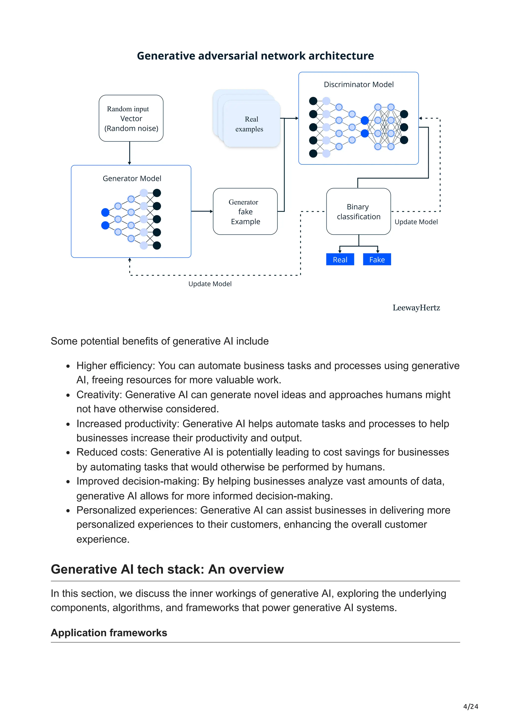 4/24 Generator Random input Real examples Real examples Real examples Some potential benefits of generative AI include Higher efficiency: You can automate business tasks and processes using generative AI, freeing resources for more valuable work. Creativity: Generative AI can generate novel ideas and approaches humans might not have otherwise considered. Increased productivity: Generative AI helps automate tasks and processes to help businesses increase their productivity and output. Reduced costs: Generative AI is potentially leading to cost savings for businesses by automating tasks that would otherwise be performed by humans. Improved decision-making: By helping businesses analyze vast amounts of data, generative AI allows for more informed decision-making. Personalized experiences: Generative AI can assist businesses in delivering more personalized experiences to their customers, enhancing the overall customer experience. Generative AI tech stack: An overview In this section, we discuss the inner workings of generative AI, exploring the underlying components, algorithms, and frameworks that power generative AI systems. Application frameworks 