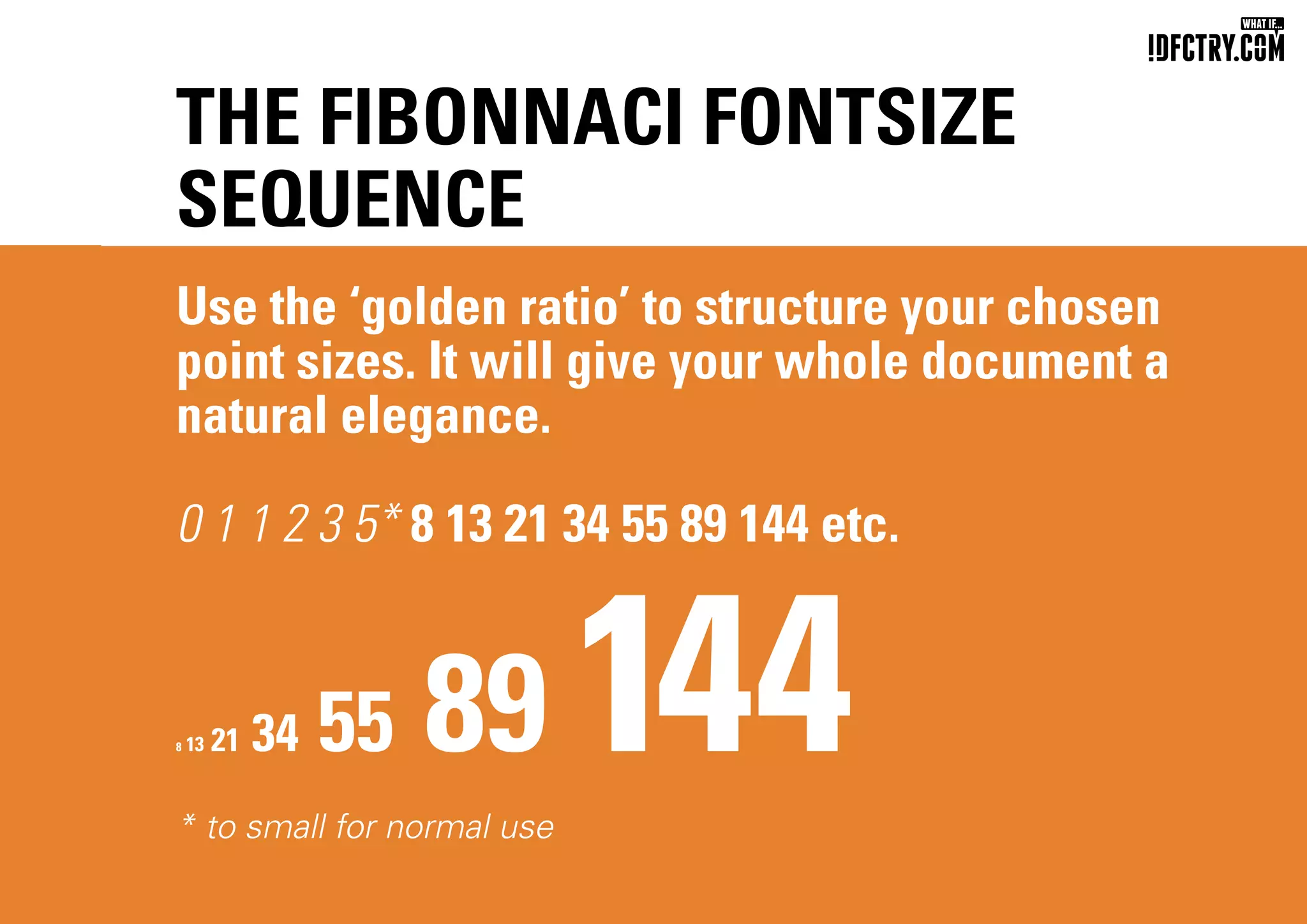 THE FIBONNACI FONTSIZE
SEQUENCE
Use the ‘golden ratio’ to structure your chosen
point sizes. It will give your whole document a
natural elegance.
0 1 1 2 3 5* 8 13 21 34 55 89 144 etc.
8 13 21 34 55 89 144
* to small for normal use
CHUNGKONG.NL
 