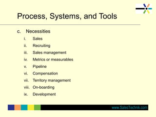 Process, Systems, and Tools
c. Necessities
i. Sales
ii. Recruiting
iii. Sales management
iv. Metrics or measurables
v. Pipeline
vi. Compensation
vii. Territory management
viii. On-boarding
ix. Development
 