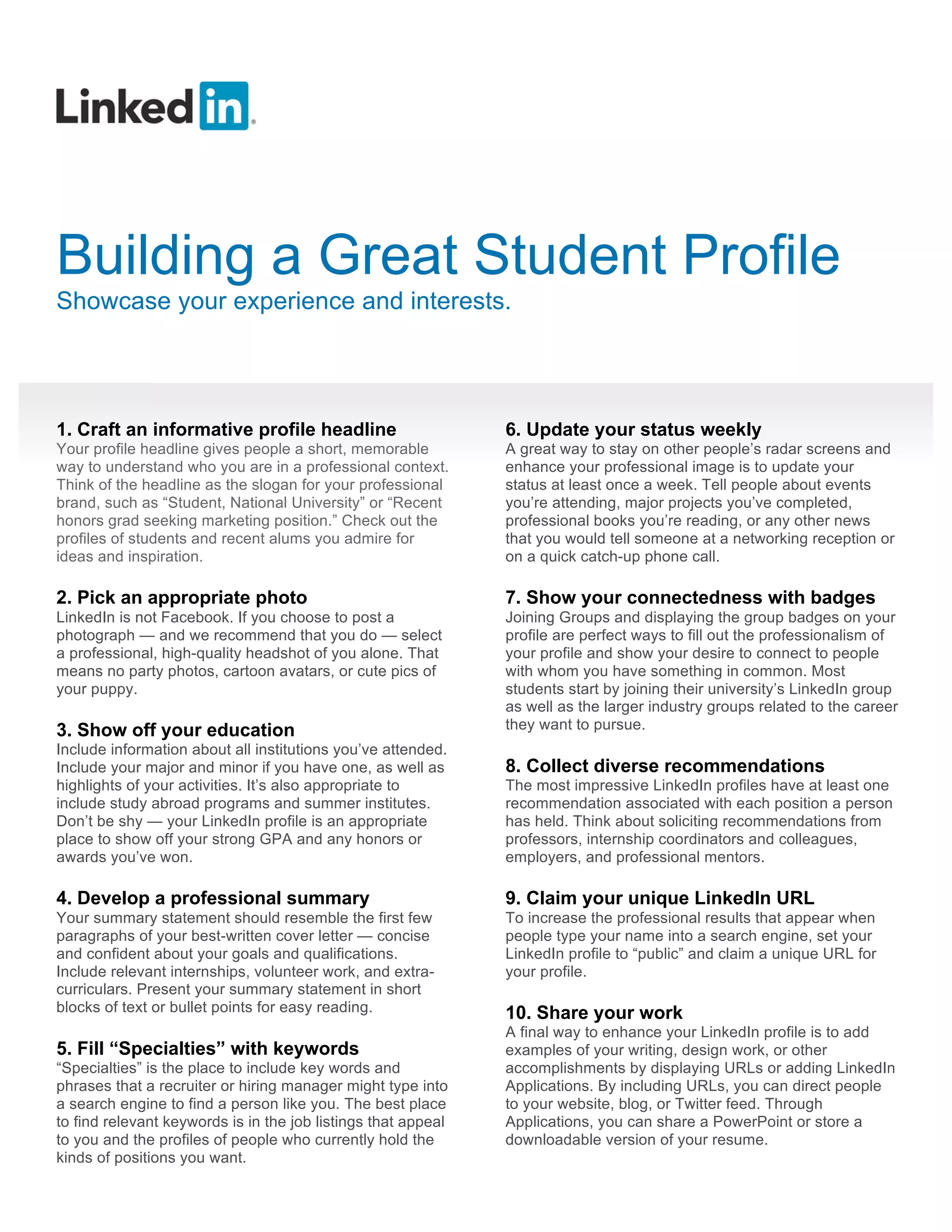 How to Build a Great Student LinkedIn Profile (PDF) | PDF