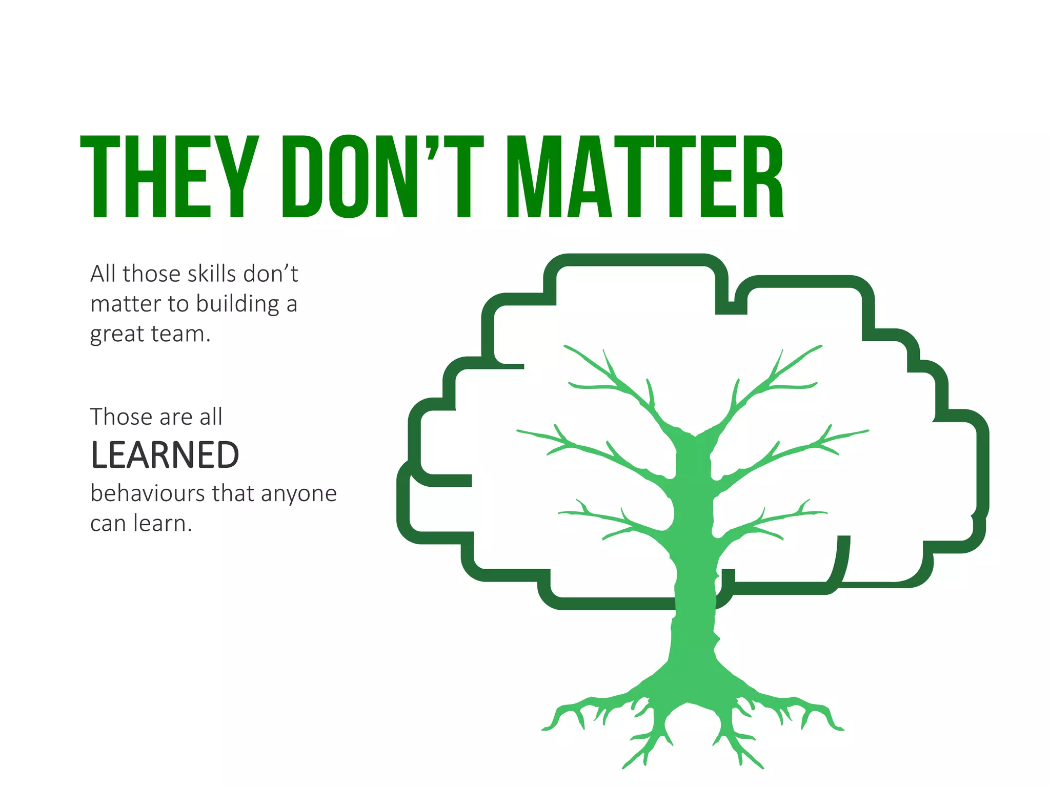 They don’t matter
All those skills don’t
matter to building a
great team.
Those are all
LEARNED
behaviours that anyone
can learn.
 
