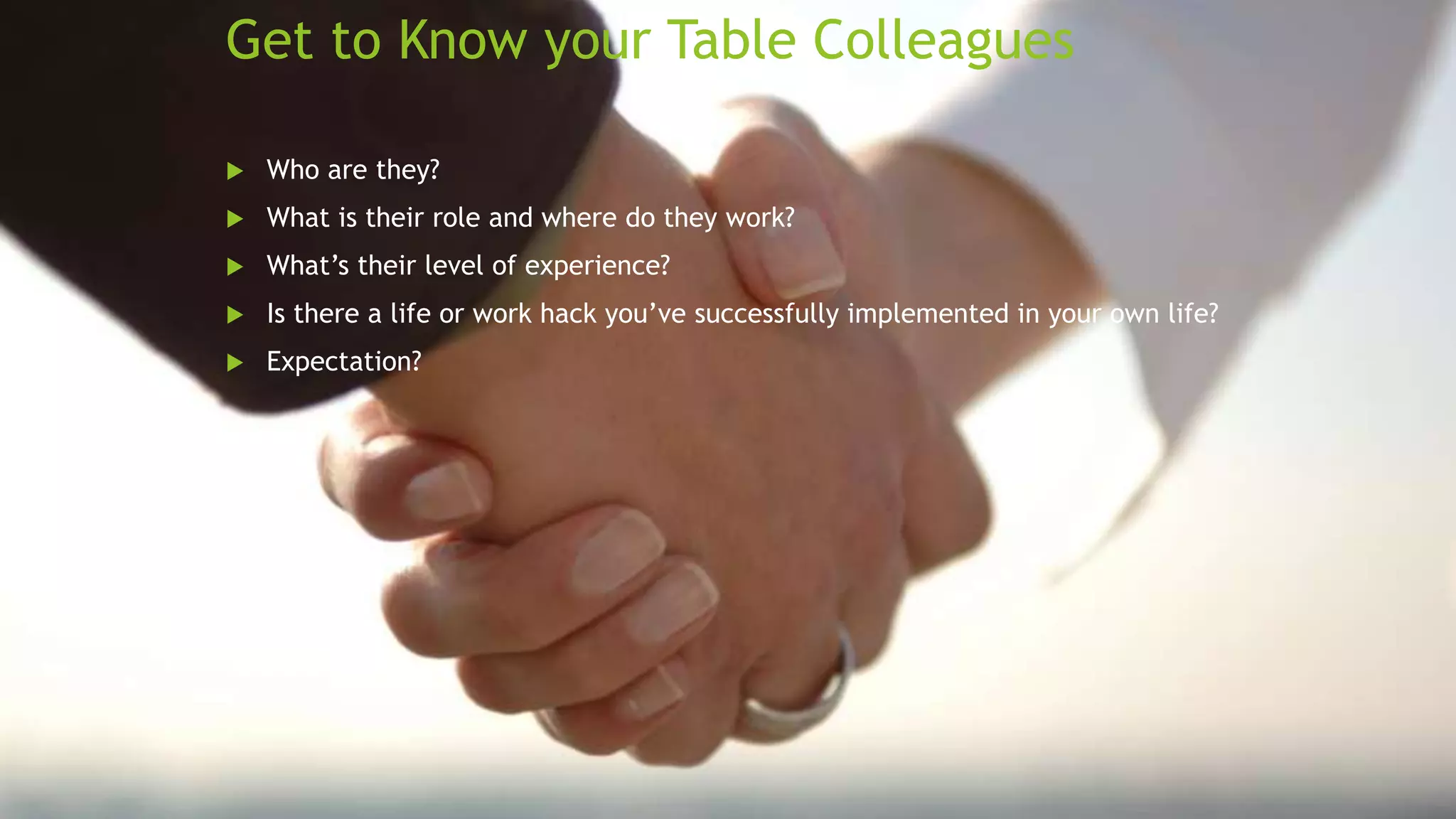 Get to Know your Table Colleagues
 Who are they?
 What is their role and where do they work?
 What’s their level of experience?
 Is there a life or work hack you’ve successfully implemented in your own life?
 Expectation?
 