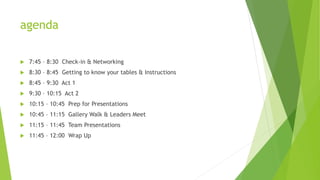agenda
 7:45 – 8:30 Check-in & Networking
 8:30 – 8:45 Getting to know your tables & Instructions
 8:45 – 9:30 Act 1
 9:30 – 10:15 Act 2
 10:15 – 10:45 Prep for Presentations
 10:45 – 11:15 Gallery Walk & Leaders Meet
 11:15 – 11:45 Team Presentations
 11:45 – 12:00 Wrap Up
 