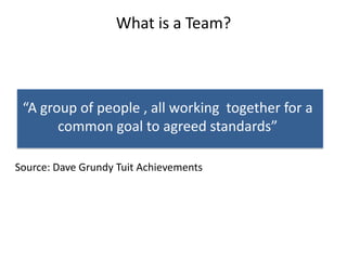 What is a Team?



 “A group of people , all working together for a
       common goal to agreed standards”

Source: Dave Grundy Tuit Achievements
 