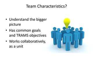 Team Characteristics?

• Understand the bigger
  picture
• Has common goals
  and TRAMS objectives
• Works collaboratively,
  as a unit
 