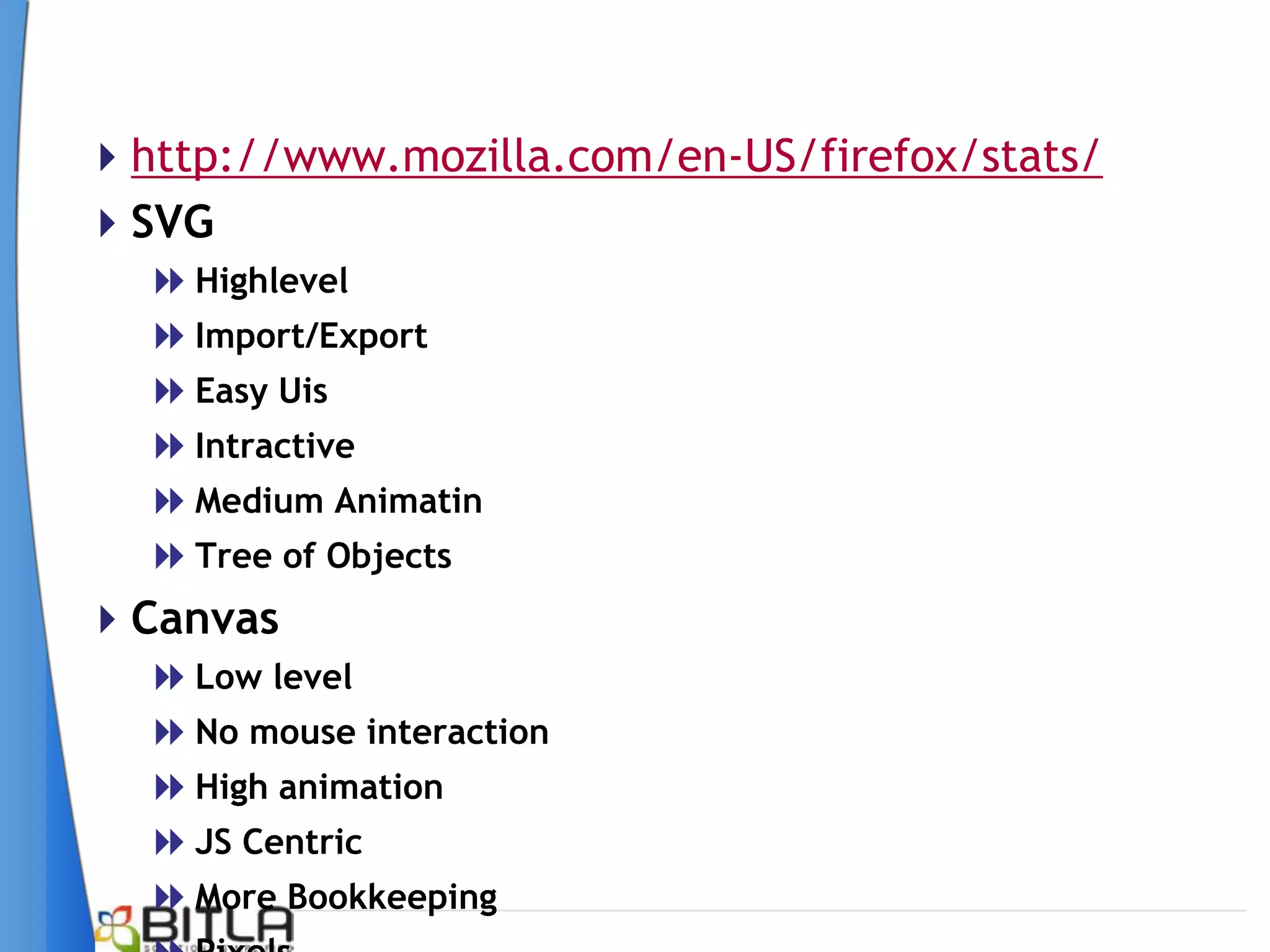 http://www.mozilla.com/en-US/firefox/stats/
SVG
   Highlevel
   Import/Export
   Easy Uis
   Intractive
   Medium Animatin
   Tree of Objects
Canvas
   Low level
   No mouse interaction
   High animation
   JS Centric
   More Bookkeeping
 