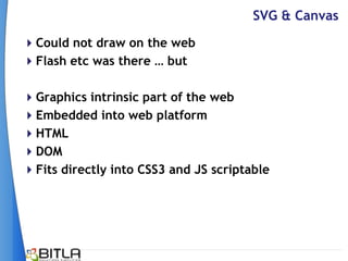 SVG & Canvas
Could not draw on the web
Flash etc was there … but

Graphics intrinsic part of the web
Embedded into web platform
HTML
DOM
Fits directly into CSS3 and JS scriptable
 