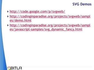 SVG Demos
http://code.google.com/p/svgweb/
http://codinginparadise.org/projects/svgweb/sampl
 es/demo.html
http://codinginparadise.org/projects/svgweb/sampl
 es/javascript-samples/svg_dynamic_fancy.html
 