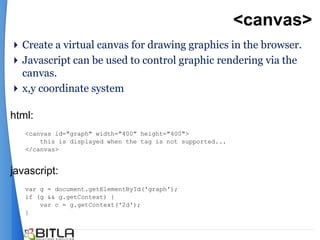 <canvas>
 Create a virtual canvas for drawing graphics in the browser.
 Javascript can be used to control graphic rendering via the
  canvas.
 x,y coordinate system

html:
   <canvas id="graph" width="400" height="400">
       this is displayed when the tag is not supported...
   </canvas>


javascript:
   var g = document.getElementById('graph');
   if (g && g.getContext) {
       var c = g.getContext('2d');
   }
 