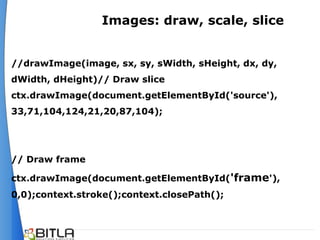 Images: draw, scale, slice


//drawImage(image, sx, sy, sWidth, sHeight, dx, dy,
dWidth, dHeight)// Draw slice
ctx.drawImage(document.getElementById('source'),
33,71,104,124,21,20,87,104);




// Draw frame

ctx.drawImage(document.getElementById('frame'),
0,0);context.stroke();context.closePath();
 
