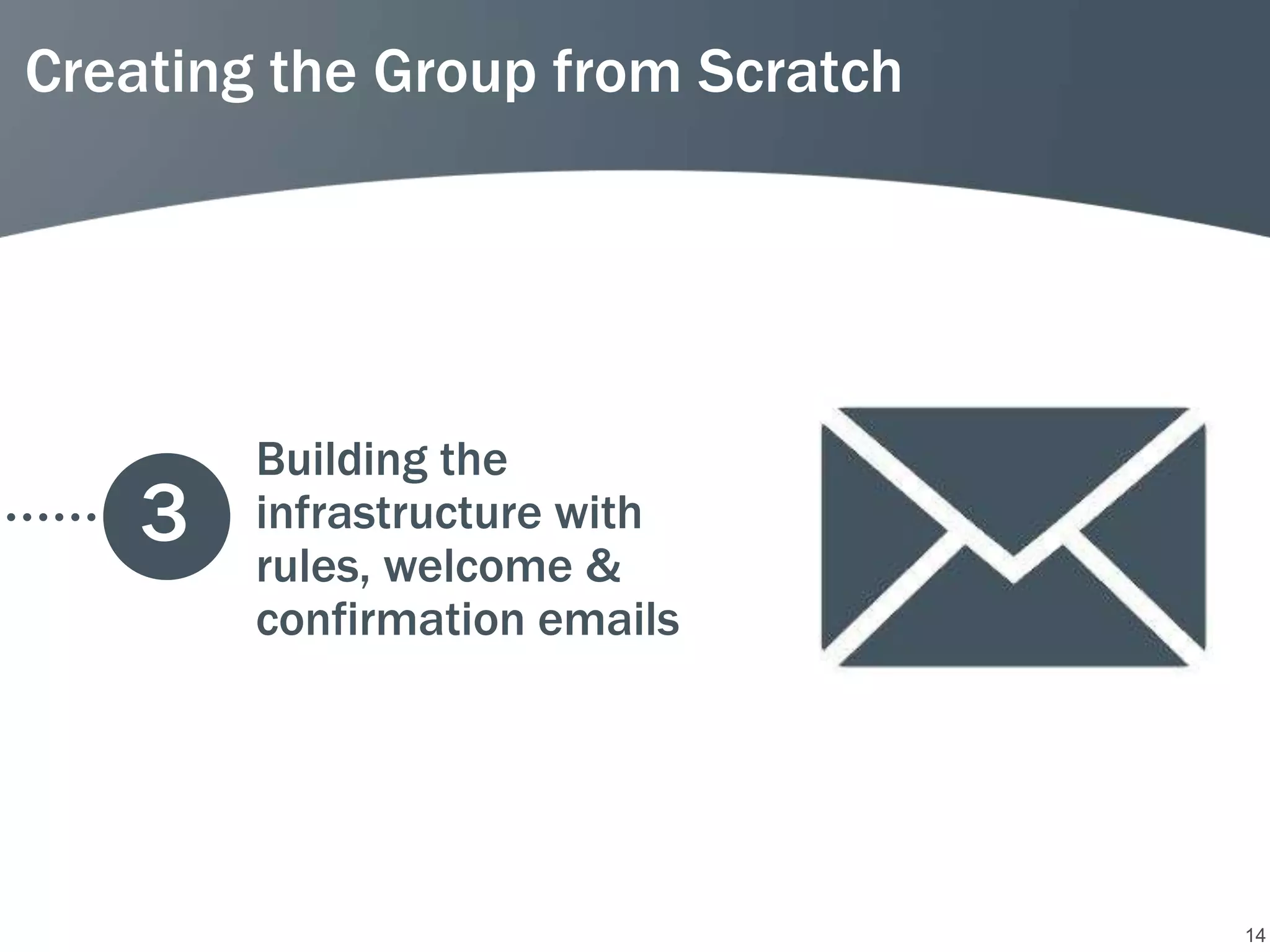 Creating the Group from Scratch




        Building the
    3   infrastructure with
        rules, welcome &
        confirmation emails




                                  14
 