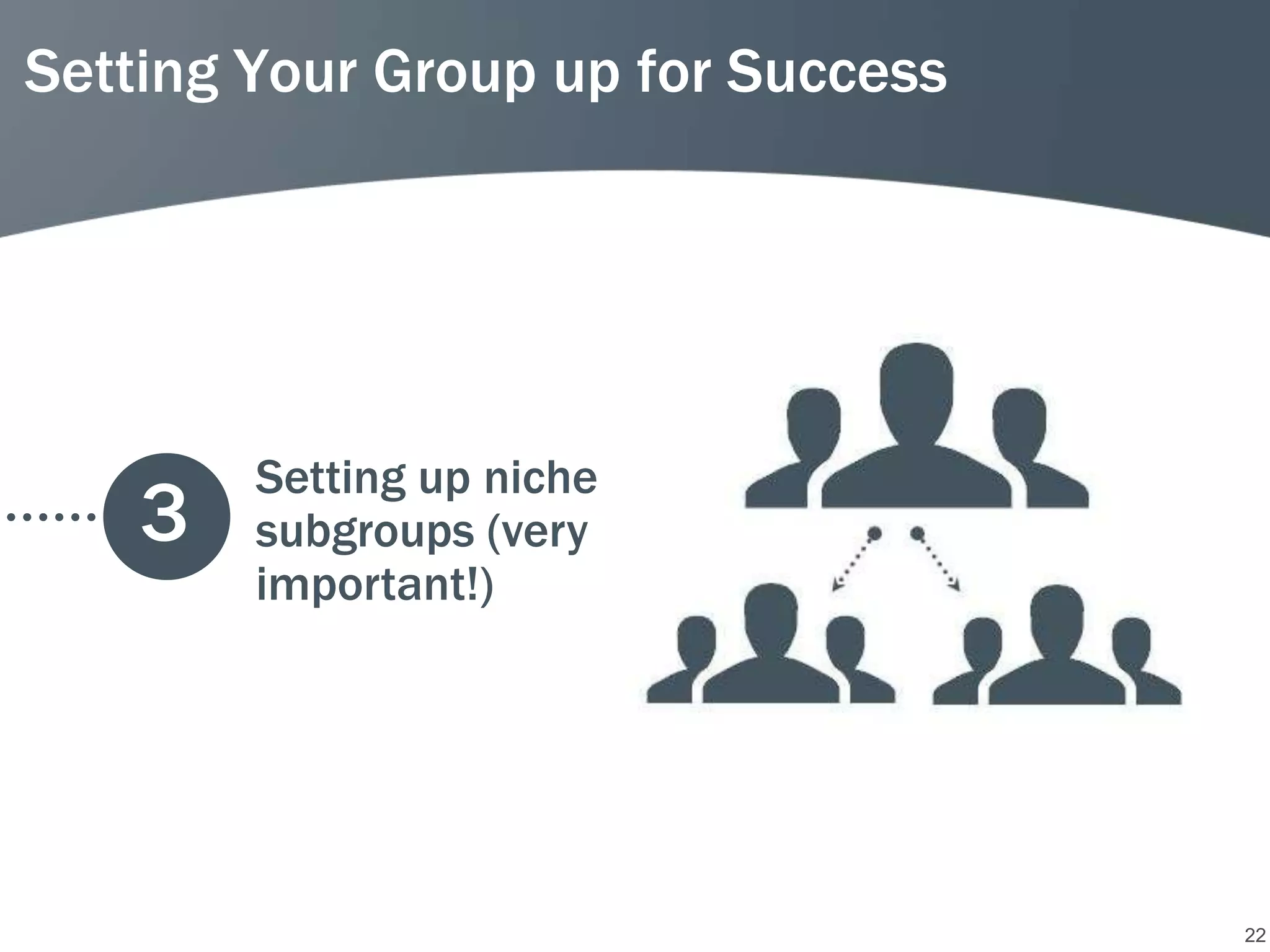 Setting Your Group up for Success




        Setting up niche
    3   subgroups (very
        important!)




                                    22
 