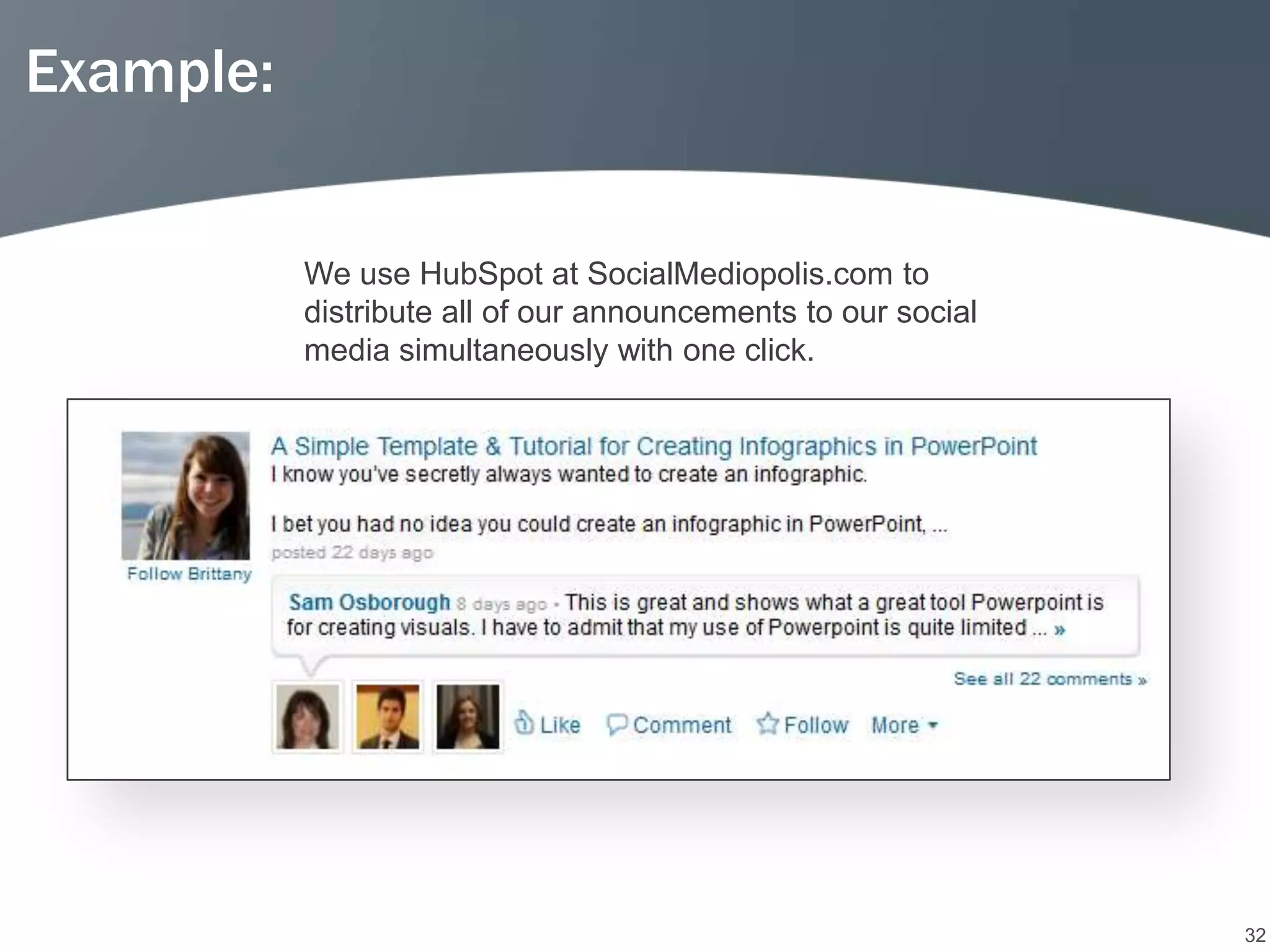 Example:


           We use HubSpot at SocialMediopolis.com to
           distribute all of our announcements to our social
           media simultaneously with one click.




                                                               32
 
