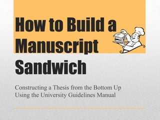 How to Build a
Manuscript
Sandwich
Constructing a Thesis from the Bottom Up
Using the University Guidelines Manual
 