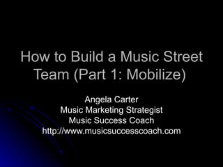 How to Build a Music Street Team (Part 1: Mobilize)  Angela Carter Music Marketing Strategist Music Success Coach http://www.musicsuccesscoach.com 