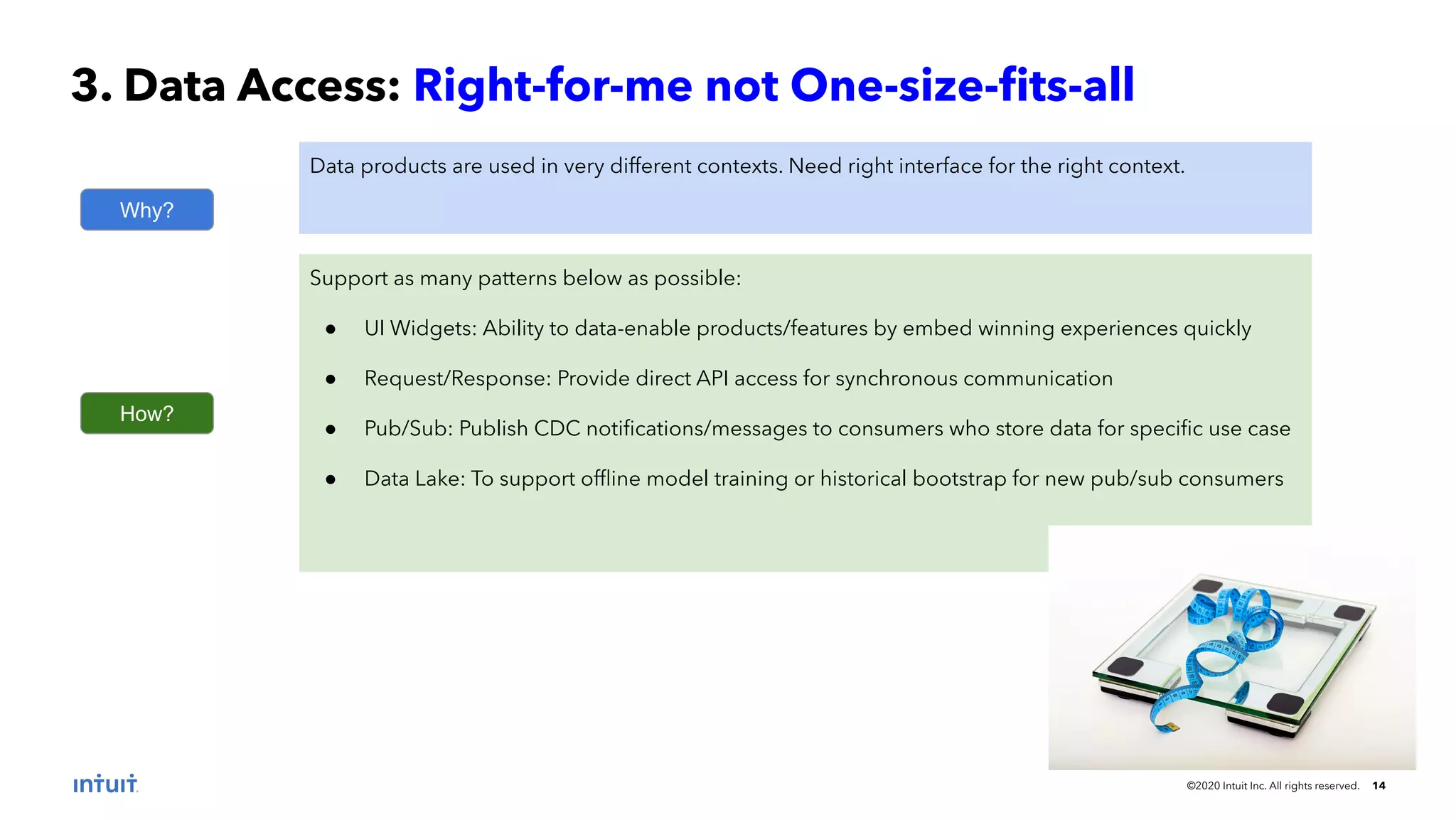 ©2020 Intuit Inc. All rights reserved. 14 3. Data Access: Right-for-me not One-size-ﬁts-all Why? Data products are used in very different contexts. Need right interface for the right context. How? Support as many patterns below as possible: ● UI Widgets: Ability to data-enable products/features by embed winning experiences quickly ● Request/Response: Provide direct API access for synchronous communication ● Pub/Sub: Publish CDC notiﬁcations/messages to consumers who store data for speciﬁc use case ● Data Lake: To support ofﬂine model training or historical bootstrap for new pub/sub consumers 