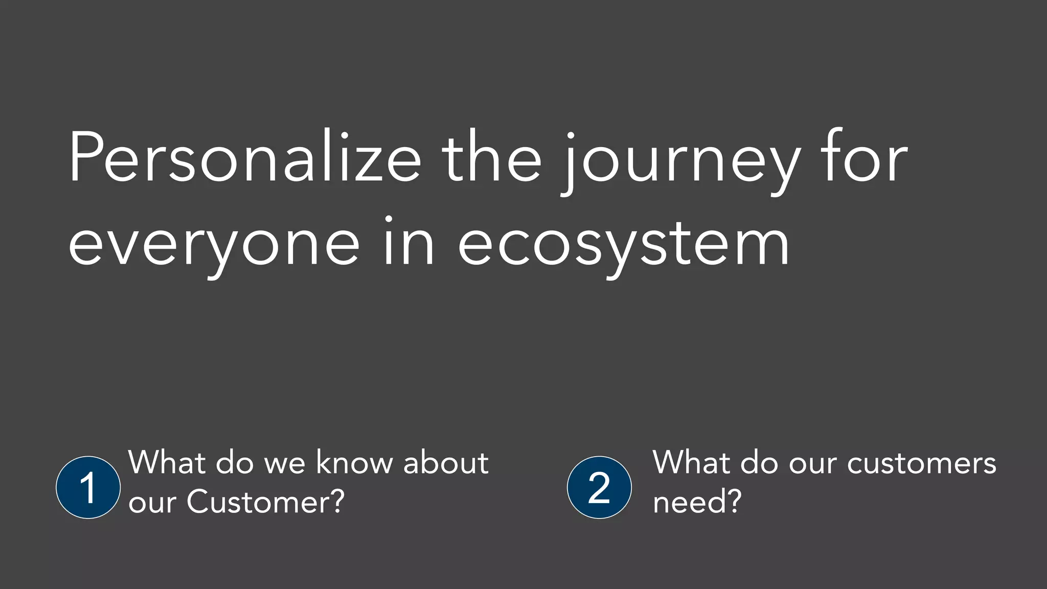 Personalize the journey for everyone in ecosystem 1 2 What do we know about our Customer? What do our customers need? 